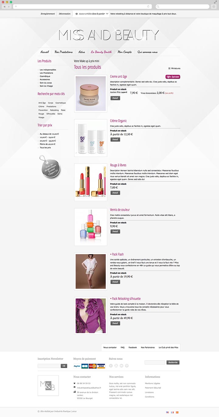 Création de site internet E commerce pas cher pour des produits cosmétiques La Boutique - Présentation en liste