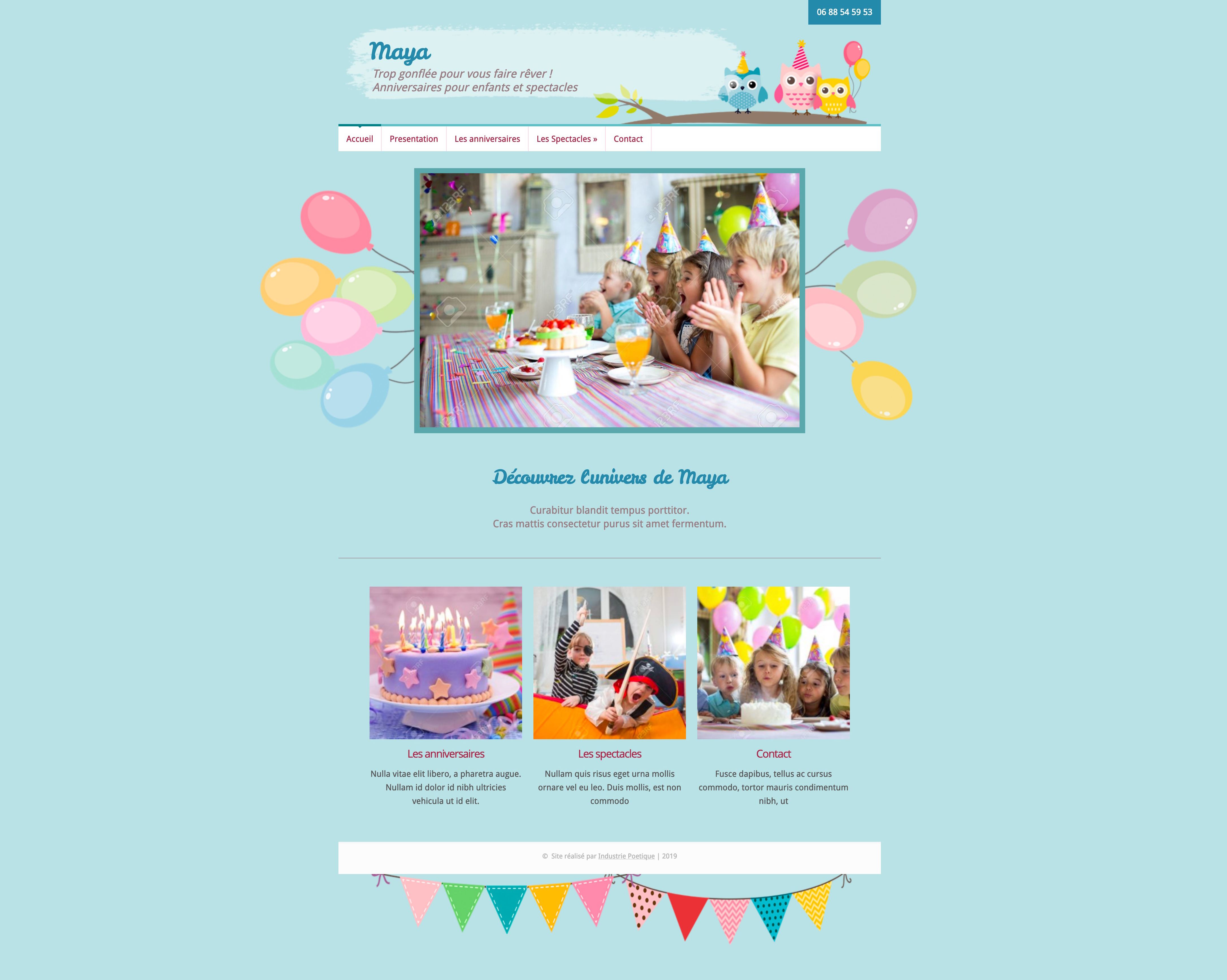 Exemples de Page d’Accueil pour Site Internet 49- Exemple de page d'accueil pour le site d'une organisatrice d'anniversaires pour enfants