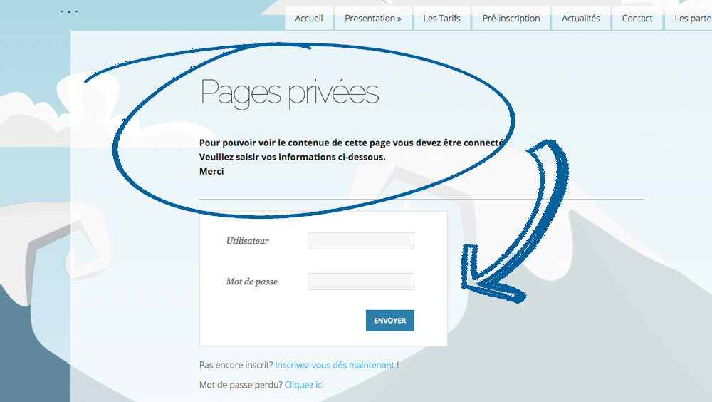 Option  page privées visibles par mot de passe pour votre site Ou en demandant une inscription 